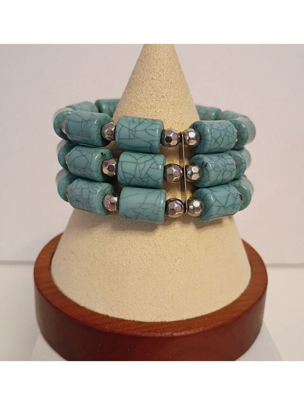 Vintage 3 Strand Turquoise Color Resin Beads Bracelet with Silver Tone spacers